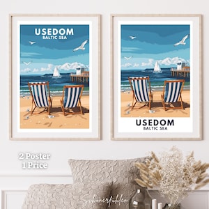 Usedom Germany | Baltic Sea | 2 Travel Poster | Vintage | Digital Print | Reiseposter | Ostsee | Insel | Kaiserbäder | Maritim | Seebrücke