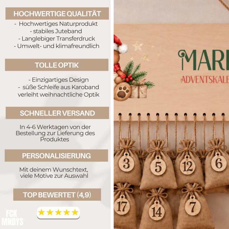 May include: A wooden advent calendar board with a printed teddy bear wearing a Santa hat, green pine branches, and red berries. Below the board, multiple small burlap drawstring bags hang from jute strings, each featuring a round wooden tag with a number.
