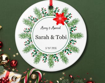 Personalized First Christmas Married Ornament, Ceramic Couple Ornament with Names and Date, Custom Wedding Gift