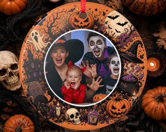 Ornement photo d'Halloween personnalisé, pendentif en céramique avec votre propre photo, cadeau de décoration effrayant pour la famille, les couples et les animaux de compagnie