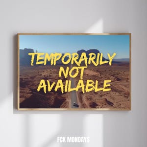 以下が含まれることがあります： 砂漠の風景と「TEMPORARILY NOT AVAILABLE」という黄色のテキストが書かれた額装されたプリント。テキストは太字の筆文字で書かれています。プリントは木製の額縁に入っています。