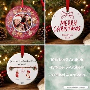 May include: A round ceramic Christmas ornament featuring a red border with festive patterns and a central family photo. Another white ornament displays a red bow, the text Merry Christmas, and W&uuml;nscht Familie Schmitt. A third white ornament shows two stockings hanging from a branch with the text Unser erstes Weihnachten zu zweit, the names Elaine and Florian, and the year 2026.