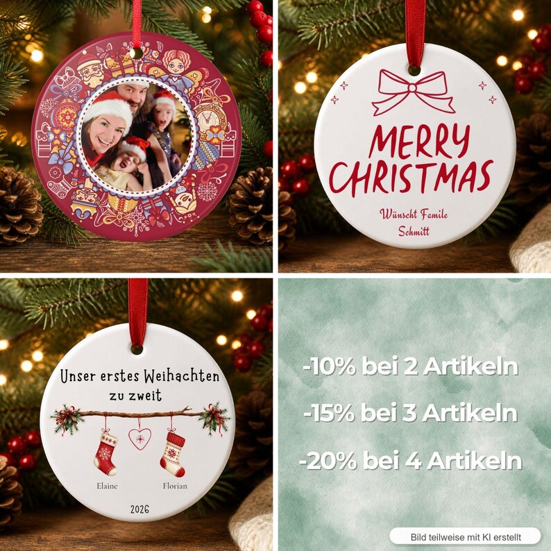 May include: A round ceramic Christmas ornament featuring a red border with festive patterns and a central family photo. Another white ornament displays a red bow, the text Merry Christmas, and W&uuml;nscht Familie Schmitt. A third white ornament shows two stockings hanging from a branch with the text Unser erstes Weihnachten zu zweit, the names Elaine and Florian, and the year 2026.