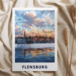 Póster impreso del puerto de Flensburg | Arte mural del fiordo de Flensburg | Decoración de pared de Flensburg | Puerto de Flensburg | Imagen de la iglesia del casco antiguo de Flensburg