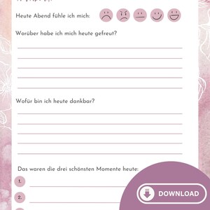 Op de afbeelding: Een printbaar dankbaarheidsdagboek met een roze en wit bloemenontwerp. Het dagboek bevat prompts om na te denken over de dag, zoals hoe je je voelt, waar je dankbaar voor bent en je favoriete momenten. Het dagboek bevat ook een downloadknop en instructies om te printen en te gebruiken.