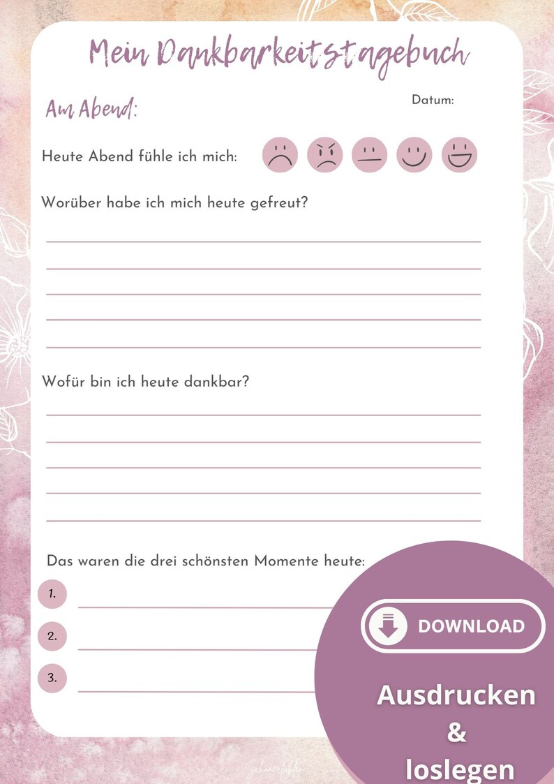 Op de afbeelding: Een printbaar dankbaarheidsdagboek met een roze en wit bloemenontwerp. Het dagboek bevat prompts om na te denken over de dag, zoals hoe je je voelt, waar je dankbaar voor bent en je favoriete momenten. Het dagboek bevat ook een downloadknop en instructies om te printen en te gebruiken.
