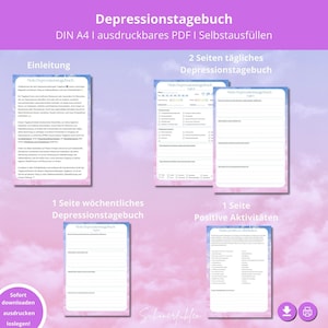 Op de afbeelding: Een printbaar PDF-dagboek ontworpen om te helpen bij het beheren van depressie. Het dagboek bevat secties voor dagelijkse, wekelijkse en positieve activiteiten. De omslag heeft een roze en blauwe aquarel achtergrond met de tekst "Depressionstagebuch" in zwart.