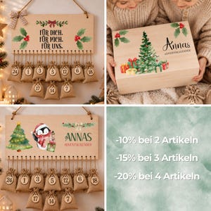 May include: A wooden advent calendar set featuring a rectangular wall-hanging board with hanging burlap pouches numbered 1 through 24, and a wooden box with a Christmas tree graphic and the text Annas Adventskalender printed on the lid.