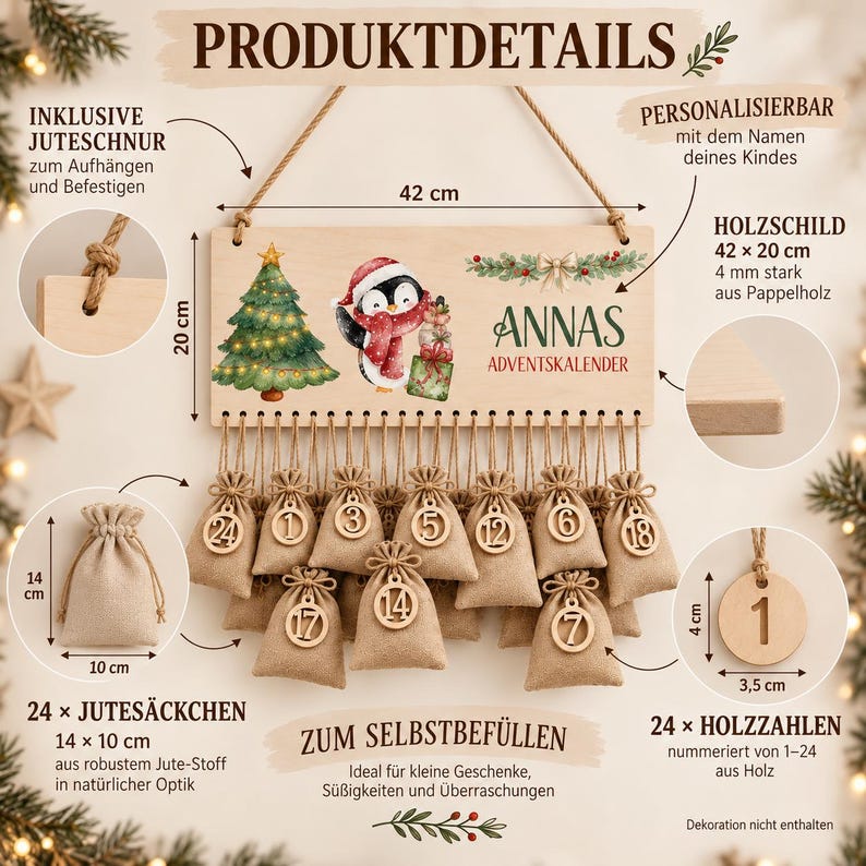May include: A rectangular wooden sign measuring 42 cm by 20 cm with a hanging jute rope, featuring a Christmas tree and penguin illustration, the text ANNAS ADVENTSKALENDER, and 24 small jute bags with wooden number tags from 1 to 24.