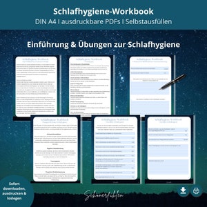 Op de afbeelding: Een set printbare PDF-werkboeken over slaaphygiëne. De werkboeken zijn ontworpen om mensen te helpen hun slaapgewoonten te verbeteren en beter te slapen. De werkboeken bevatten oefeningen, checklists en tips voor het verbeteren van slaaphygiëne. De werkboeken zijn beschikbaar in het Duits.