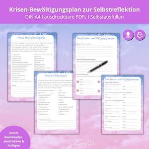 Könnte beinhalten: Ein druckbarer Krisenbewältigungsplan auf Deutsch mit rosa und blauem Hintergrund. Das Dokument enthält Abschnitte für Frühwarnzeichen, Bewältigungsmechanismen und Notfallkontakte. Der Text enthält die Wörter "Krisen-Bewältigungsplan zur Selbstreflektion" und "Schönerdanken".