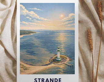 Affiche du phare de Kiel | Décoration murale mer Baltique | Affiche du fjord de Kiel | Affiche de voyage Allemagne | Décoration murale côtière, illustration scandinave