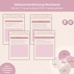 Może przedstawiać: Różowo-biały zeszyt ćwiczeń zatytułowany "Selbstverwirklichung Workbook" i tekstem "DIN A4 | 12 ausdruckbare PDFs | Selbstausfüllen". Zeszyt jest podzielony na cztery sekcje, z których każda ma tytuł i opis. Sekcje to "Talent", "Begeisterung", "Bedarf" i "Wert". Zeszyt zawiera również schemat koła z czterema nakładającymi się na siebie kołami wewnątrz. Wewnętrzne koła są oznaczone jako "Talent", "Begeisterung", "Bedarf" i "Wert". Zewnętrzne koło jest oznaczone jako "SINN".
