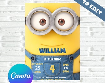 Szablon zaproszenia urodzinowego Minion, zaproszenie Minion, zaproszenie Minion, impreza Minion, zaproszenie dla dzieci, zaproszenie dla chłopców, zaproszenie dla dziewcząt, edytowalny Canva