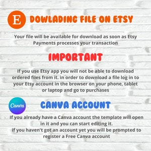 Może przedstawiać: Białe ceglane tło z tekstem, kt&oacute;ry brzmi "Pobieranie pliku na Etsy" i "Ważne". Tekst wyjaśnia, jak pobrać plik z Etsy i jak użyć konta Canva do edycji szablonu.