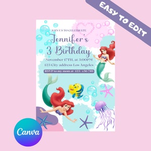 Faire-part d'anniversaire modifiable de la petite sirène Ariel, carte d'invitation de fête d'invitation de petite sirène, princesse de sirène d'invitation de fête | TÉLÉCHARGEMENT IMMÉDIAT