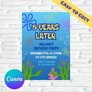 Editable Sponge Under The Sea Bikini Bottom Invitation | Instant Download | Customizable Canva Print At Home Template | Years Later