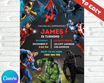 Zaproszenie na urodziny Avengersów dla chłopca Edytowalny szablon Zaproszenie na przyjęcie urodzinowe Superbohatera Natychmiastowe pobranie Cyfrowe lub drukowane zaproszenie