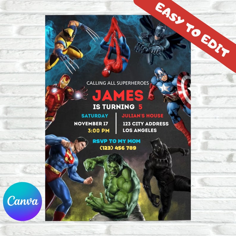Avengers Birthday Invitation Boy Editable Template Calling All