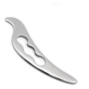 May include: A silver-colored Gua Sha massage tool. The tool has a curved, ergonomic design with a smooth surface and two oval-shaped cutouts. The tool is designed for use in massage therapy to promote relaxation and reduce muscle tension.
