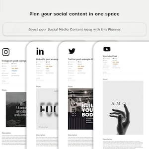 May include: A mockup of a social media planner with four different social media platforms: Instagram, LinkedIn, Twitter, and YouTube. Each platform has a sample post with a photo and description.