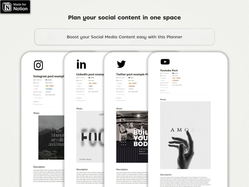 May include: A mockup of a social media planner with four different social media platforms: Instagram, LinkedIn, Twitter, and YouTube. Each platform has a sample post with a photo and description.