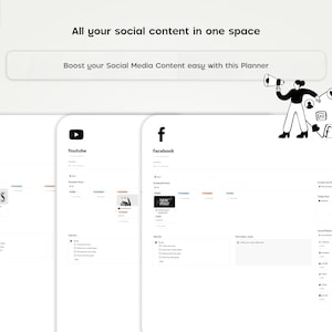 May include: A screenshot of a Notion page with a social media content planner. The planner includes sections for LinkedIn, YouTube, and Facebook. Each section has a list of tasks and a space for notes. The page is designed to help users organize their social media content.