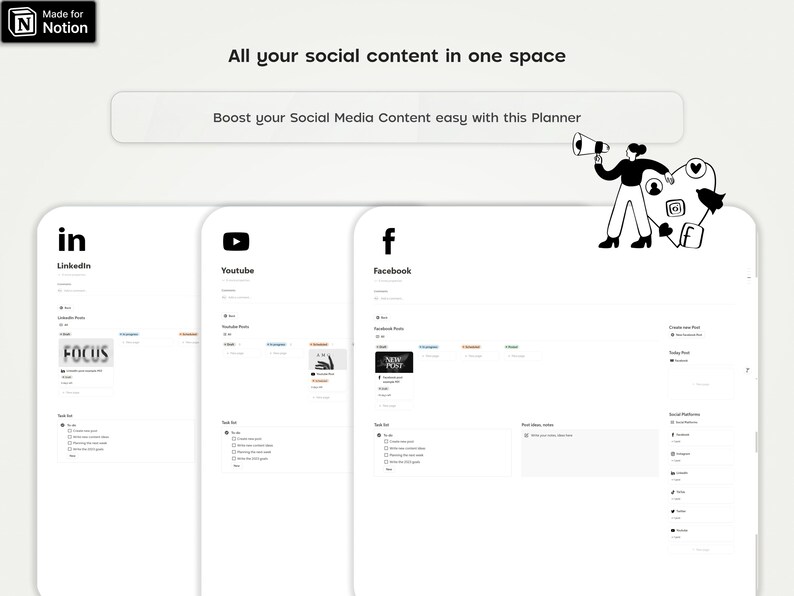 May include: A screenshot of a Notion page with a social media content planner. The planner includes sections for LinkedIn, YouTube, and Facebook. Each section has a list of tasks and a space for notes. The page is designed to help users organize their social media content.