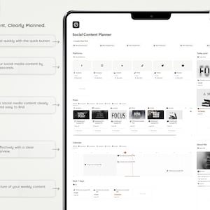 May include: A screenshot of a social media content planner on a computer screen. The planner is organized by platform, posts, calendar, and about me. The planner is designed to help users plan and organize their social media content.