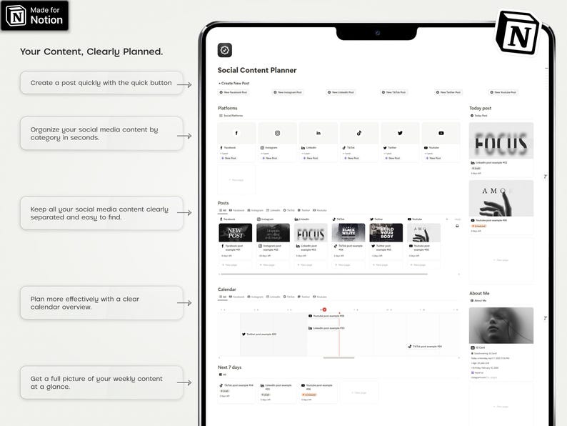 May include: A screenshot of a social media content planner on a computer screen. The planner is organized by platform, posts, calendar, and about me. The planner is designed to help users plan and organize their social media content.