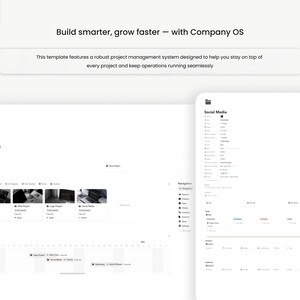 May include: A digital display of a project management system, featuring a clean, minimalist design. The interface includes sections for projects, social media, and navigation, with the text "Build smarter, grow faster - with Company OS".