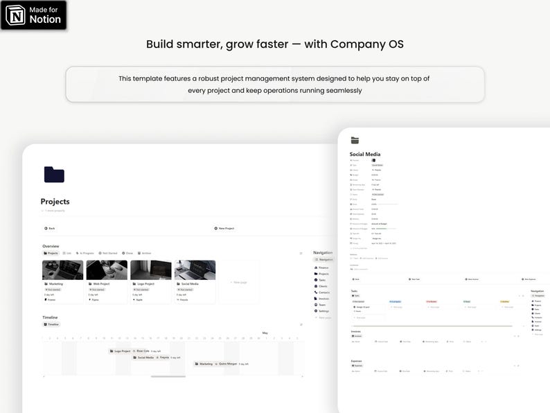 May include: A digital display of a project management system, featuring a clean, minimalist design. The interface includes sections for projects, social media, and navigation, with the text "Build smarter, grow faster - with Company OS".