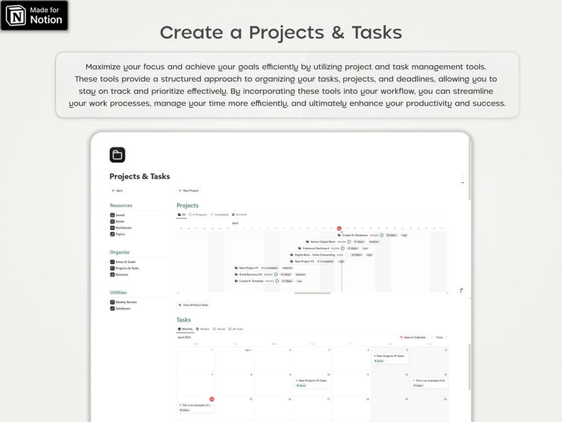 Pu&ograve; includere: Uno screenshot di uno spazio di lavoro di Notion che mostra un modello di gestione dei progetti con il titolo "Progetti e attivit&agrave;". Il modello include una vista calendario per le attivit&agrave; e una vista cronologica per i progetti.