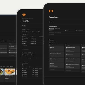 Pode incluir: Uma captura de tela de uma interface de aplicativo com tema escuro com tr&ecirc;s se&ccedil;&otilde;es: Refei&ccedil;&atilde;o, Sa&uacute;de e Exerc&iacute;cios. Cada se&ccedil;&atilde;o tem um &iacute;cone diferente e apresenta uma lista de itens. A se&ccedil;&atilde;o Refei&ccedil;&atilde;o inclui um planejador de refei&ccedil;&otilde;es, receitas e uma lista de medicamentos. A se&ccedil;&atilde;o Sa&uacute;de inclui um rastreador de nutri&ccedil;&atilde;o e notifica&ccedil;&otilde;es de medicamentos. A se&ccedil;&atilde;o Exerc&iacute;cios inclui uma lista dos &uacute;ltimos treinos e uma vis&atilde;o geral dos diferentes grupos musculares.