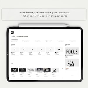 May include: A screenshot of a social media content planner on a tablet. The planner has a white background and includes sections for different social media platforms, such as Facebook, Instagram, LinkedIn, TikTok, Twitter, and YouTube. The planner also includes a section for posts, with a grid of six post templates. The text "Social Content Planner" is at the top of the screen.