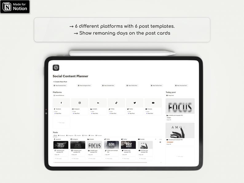 May include: A screenshot of a social media content planner on a tablet. The planner has a white background and includes sections for different social media platforms, such as Facebook, Instagram, LinkedIn, TikTok, Twitter, and YouTube. The planner also includes a section for posts, with a grid of six post templates. The text "Social Content Planner" is at the top of the screen.