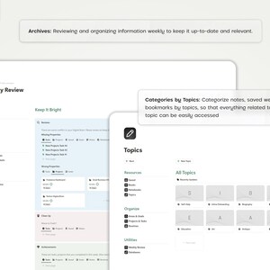 Pu&ograve; includere: Uno screenshot di uno spazio di lavoro di Notion che mostra un modello di revisione settimanale con sezioni per risorse, organizzazione e utilit&agrave;. Il modello include una sezione "Keep It Bright" con un elenco di propriet&agrave; mancanti e una sezione "Clean Up" con un elenco di attivit&agrave;. Lo screenshot mostra anche una sezione "Argomenti" con un elenco di categorie per organizzare note, pagine web e segnalibri.