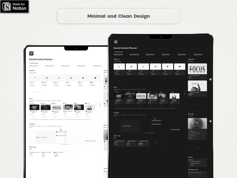 May include: A screenshot of a Notion page with a social content planner template. The template has a dark mode and light mode option. The template includes sections for social media platforms, posts, calendar, and notes.