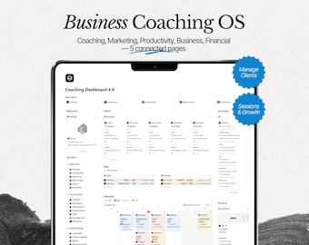 Painel de controle do Notion Coaching: CRM de clientes, anotações de sessões e planejamento de negócios.