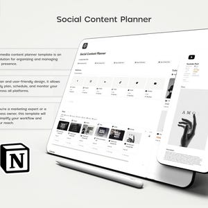 May include: A white laptop screen displaying a social media content planner template with a black and white image of a hand on a phone screen. The text "Social Content Planner" is visible on the laptop screen. The laptop is on a white surface with a black and gray stylus.