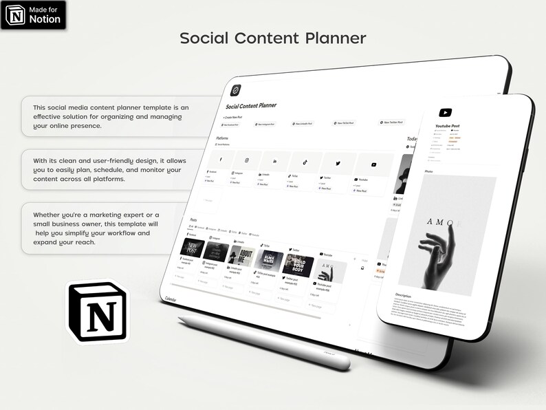 May include: A white laptop screen displaying a social media content planner template with a black and white image of a hand on a phone screen. The text "Social Content Planner" is visible on the laptop screen. The laptop is on a white surface with a black and gray stylus.