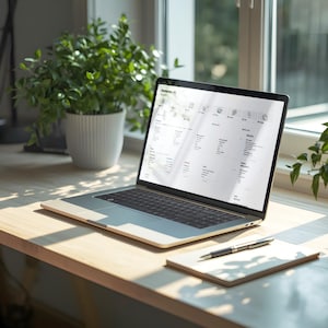 May include: A laptop displaying a webpage sits on a wooden desk, next to a notepad and pen. Potted plants are in the background. The laptop is open, showing a list of items. The scene is lit by natural light.