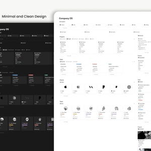 May include: Two digital interfaces, one dark and one light, display a project management system. The dark interface features a black background with white text, while the light interface has a white background with black text. Both interfaces show project, task, and client information.