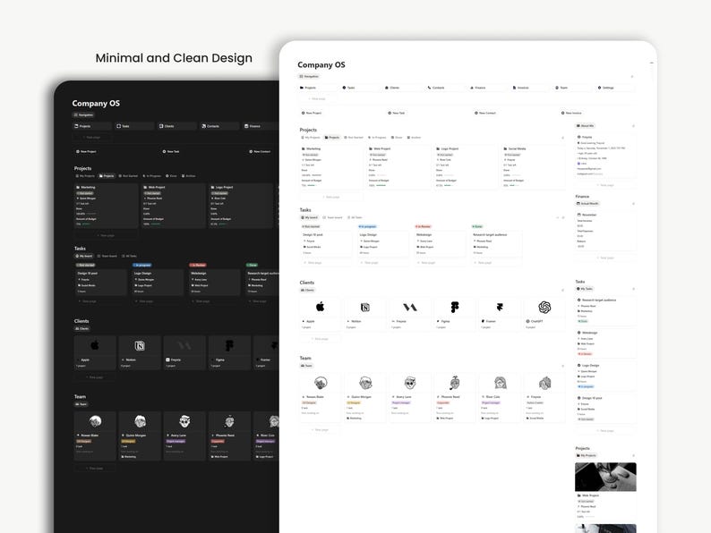 May include: Two digital interfaces, one dark and one light, display a project management system. The dark interface features a black background with white text, while the light interface has a white background with black text. Both interfaces show project, task, and client information.
