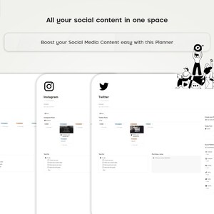 May include: A white screen with the text "All your social content in one space" and "Boost your Social Media Content easy with this Planner". There are three white screens below with the logos for TikTok, Instagram, and Twitter. Each screen has a section for "Today's Post", "Content Ideas", and "Social Media Calendar".