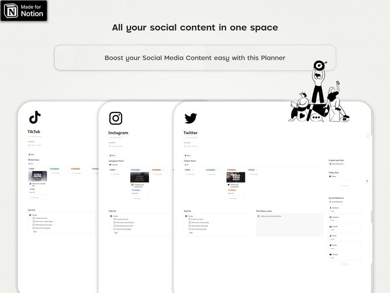 May include: A white screen with the text "All your social content in one space" and "Boost your Social Media Content easy with this Planner". There are three white screens below with the logos for TikTok, Instagram, and Twitter. Each screen has a section for "Today's Post", "Content Ideas", and "Social Media Calendar".