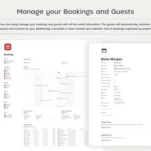 Pode incluir: Interface digital para gerenciar reservas e convidados, com o texto "Manage your Bookings and Guests". Exibe detalhes de reservas, informa&ccedil;&otilde;es financeiras e uma visualiza&ccedil;&atilde;o da linha do tempo. Projetado para calcular finan&ccedil;as e receitas.