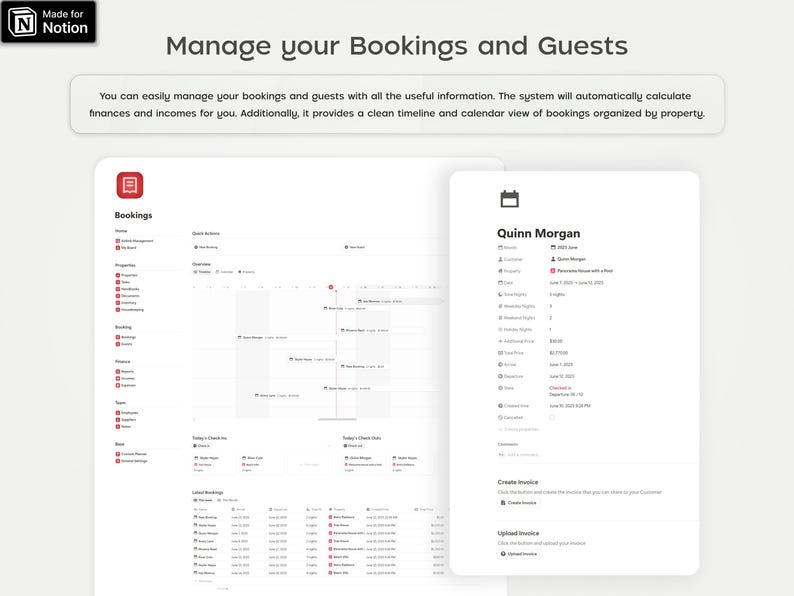 Pode incluir: Interface digital para gerenciar reservas e convidados, com o texto "Manage your Bookings and Guests". Exibe detalhes de reservas, informa&ccedil;&otilde;es financeiras e uma visualiza&ccedil;&atilde;o da linha do tempo. Projetado para calcular finan&ccedil;as e receitas.