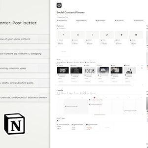 May include: A screenshot of a Notion template for social media content planning. The template includes sections for creating new posts, organizing content by platform and category, viewing weekly and monthly calendars, tracking ideas, drafts, and published posts. The template is designed for creators, freelancers, and business owners.
