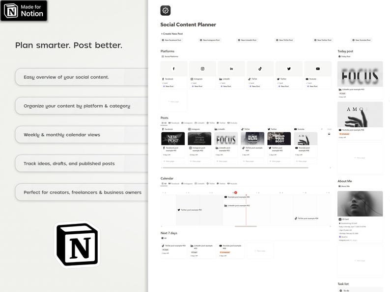 May include: A screenshot of a Notion template for social media content planning. The template includes sections for creating new posts, organizing content by platform and category, viewing weekly and monthly calendars, tracking ideas, drafts, and published posts. The template is designed for creators, freelancers, and business owners.